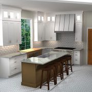3d rendering of cliqstudios kitchen design with white shaker cabinets and tea leaf kitchen island with seating